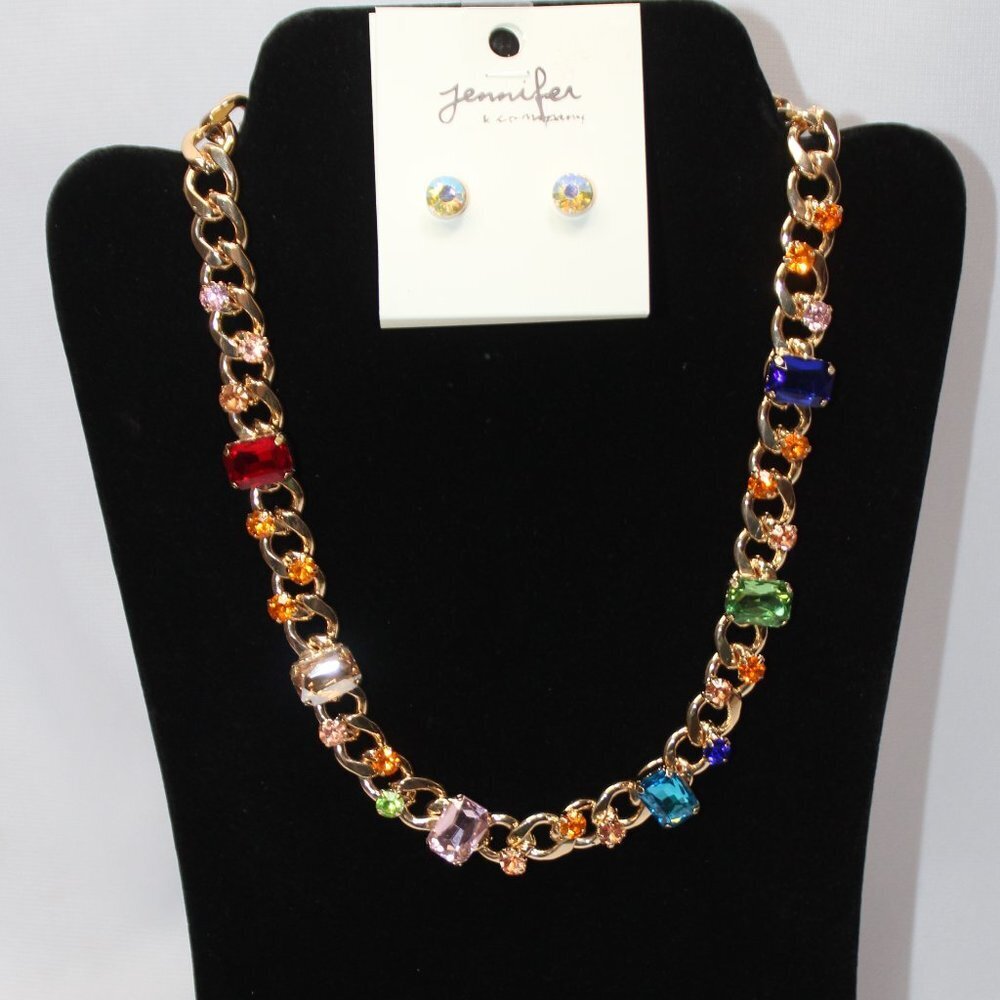Jennifer Co. Gold Tone Chain with Multi-Color Stone Necklace and Earrings